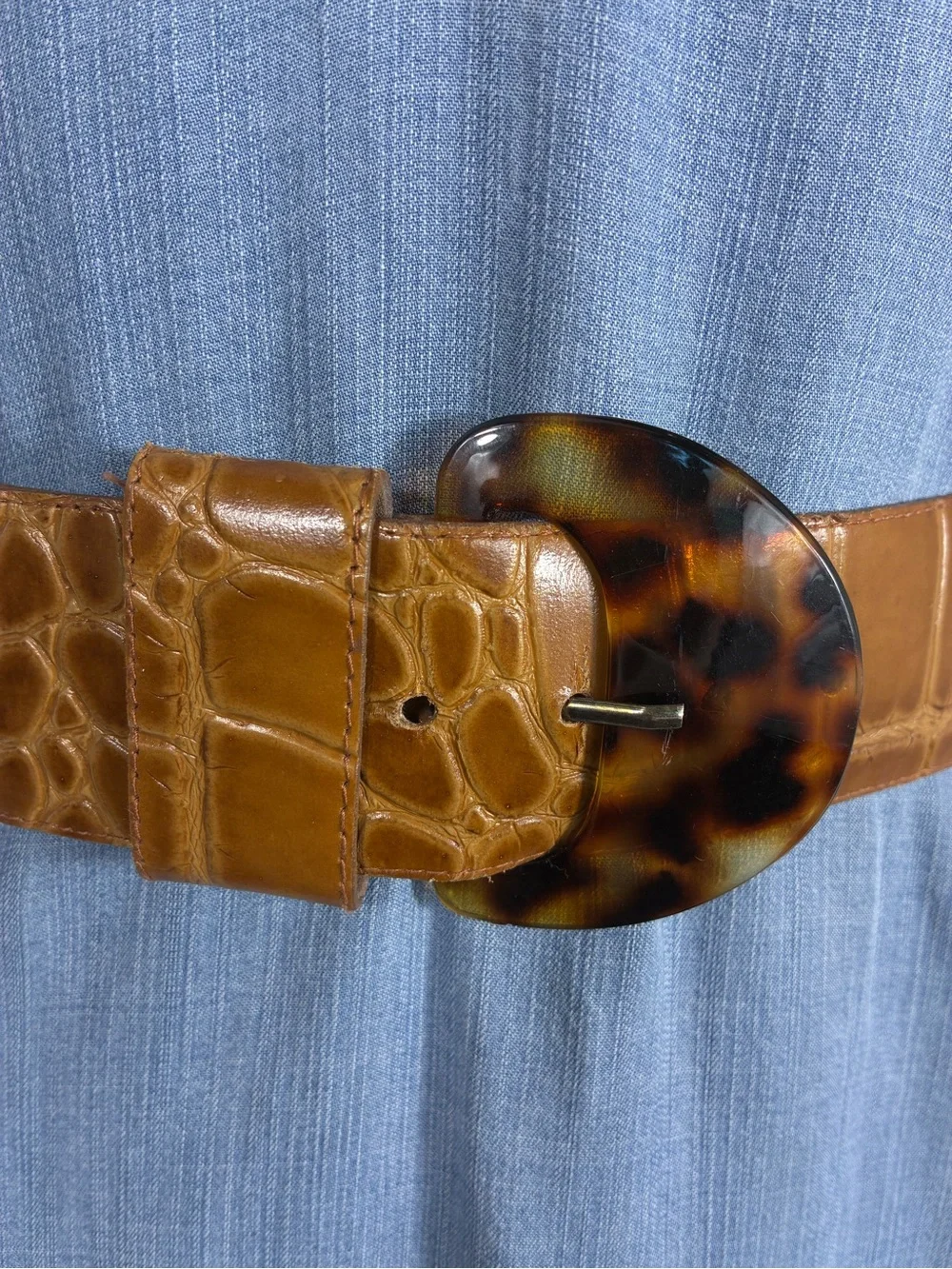 Womens belt 35” long Brown Croc-Textured faux leather Tortoiseshell Buckle